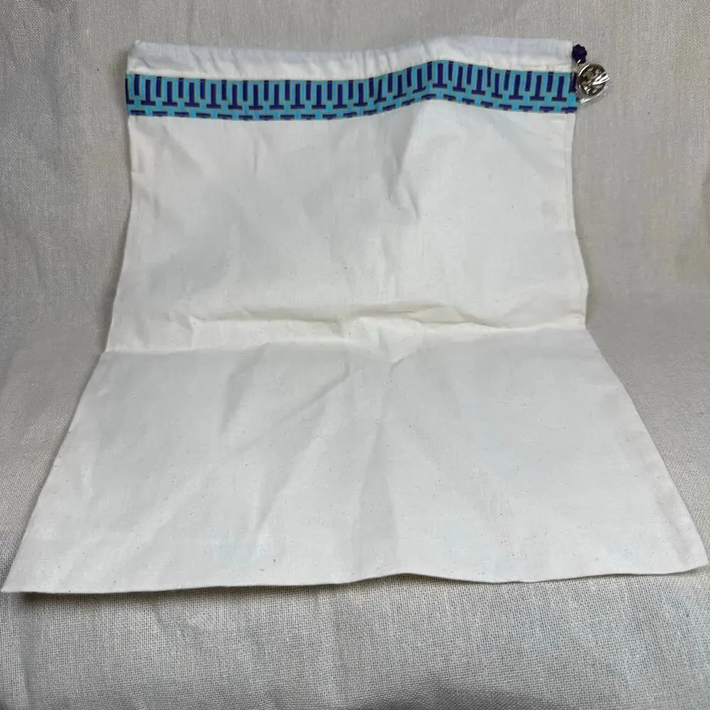 Tory Burch Dust Bag White Cotton Drawstring Pouch Blue Trim Logo Charm